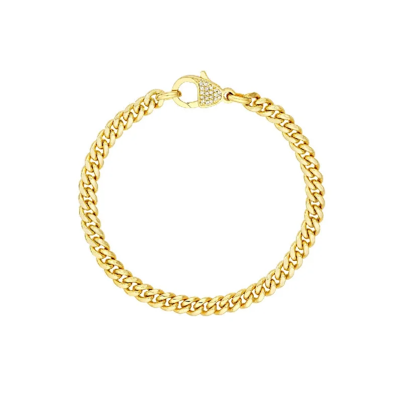 14K Yellow Gold Pave Diamond Pear Lock Curb Chain Bracelet