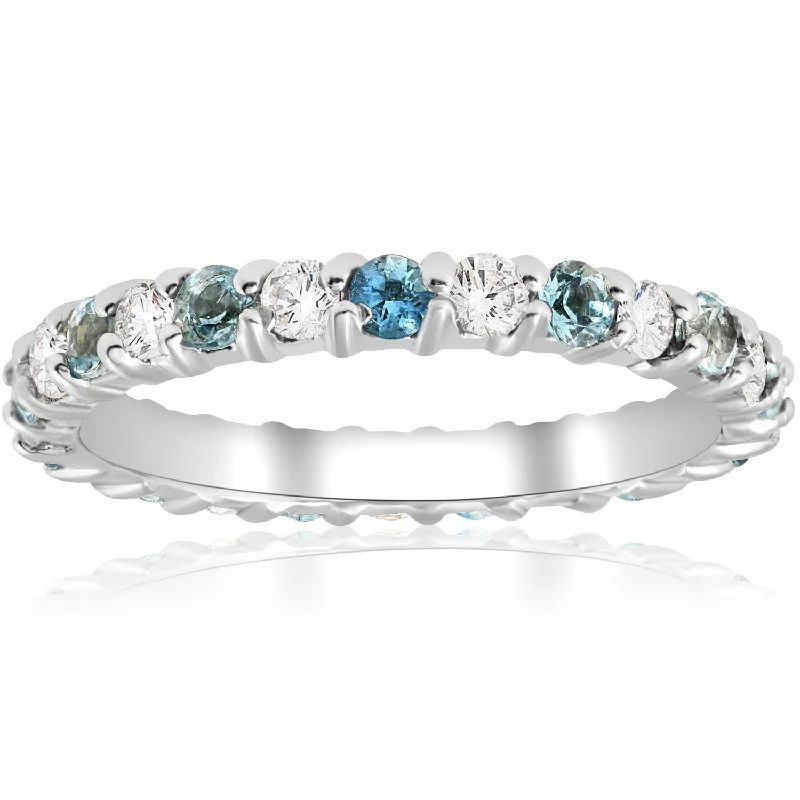 1ct Diamond & Aquamarine Eternity Ring Common Prong White Gold Stackable