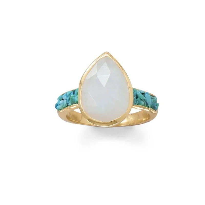 Curata 14k Gold Plated 925 Sterling Silver Rainbow Moonstone and Crushed Turquoise Ring