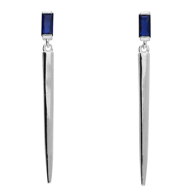 Silver Cone Drop Stud Earrings with Sapphire Blue Crystal