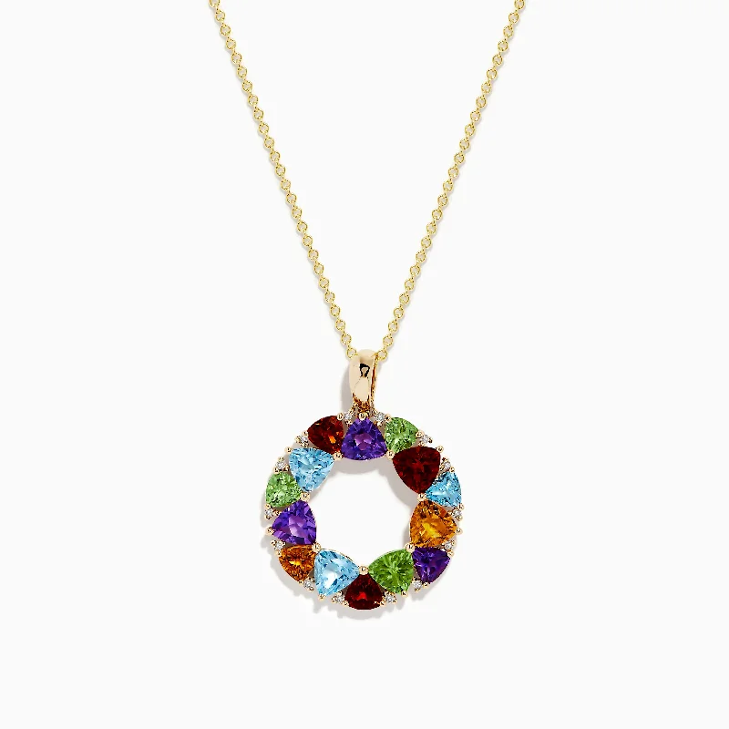 Mosaic 14K Yellow Gold Multi Stone and Diamond Pendant