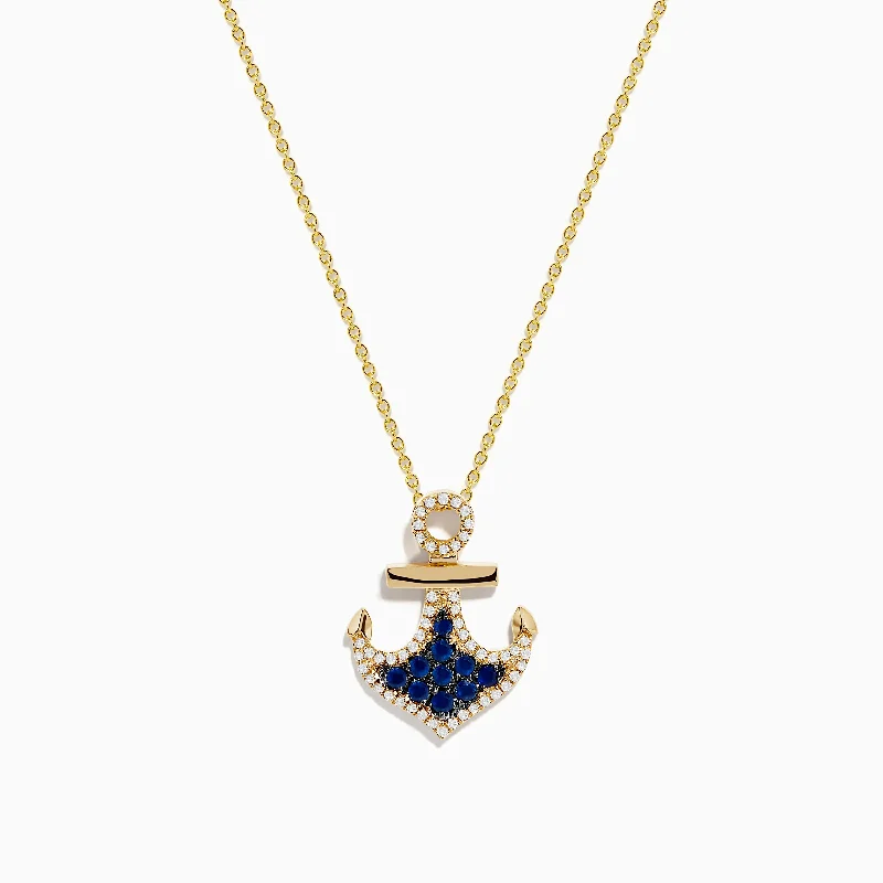 Seaside 14K Yellow Gold Blue Sapphire and Diamond Anchor Pendant