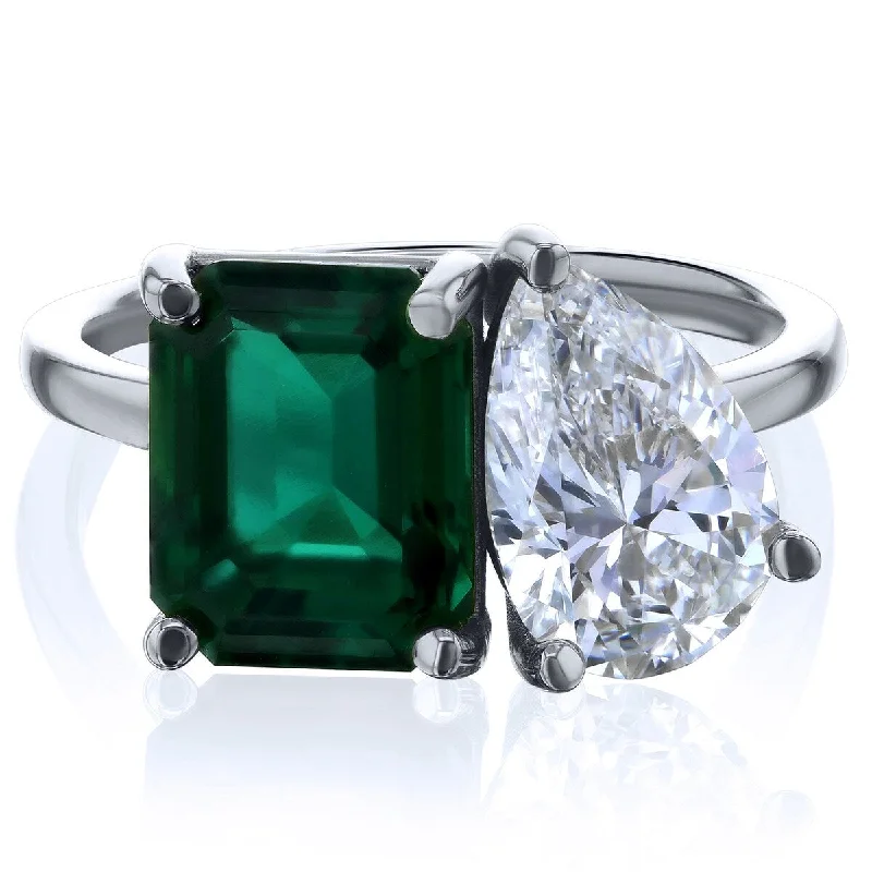 Kobelli Grown The Empress 14k Gold Emerald & White Diamond 2 Stone Toi et Moi Ring (Certified EF/VS)