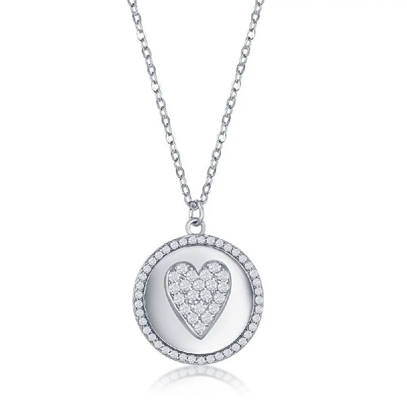 Sterlilng Silver Micro Pave CZ Disc Necklace - Heart