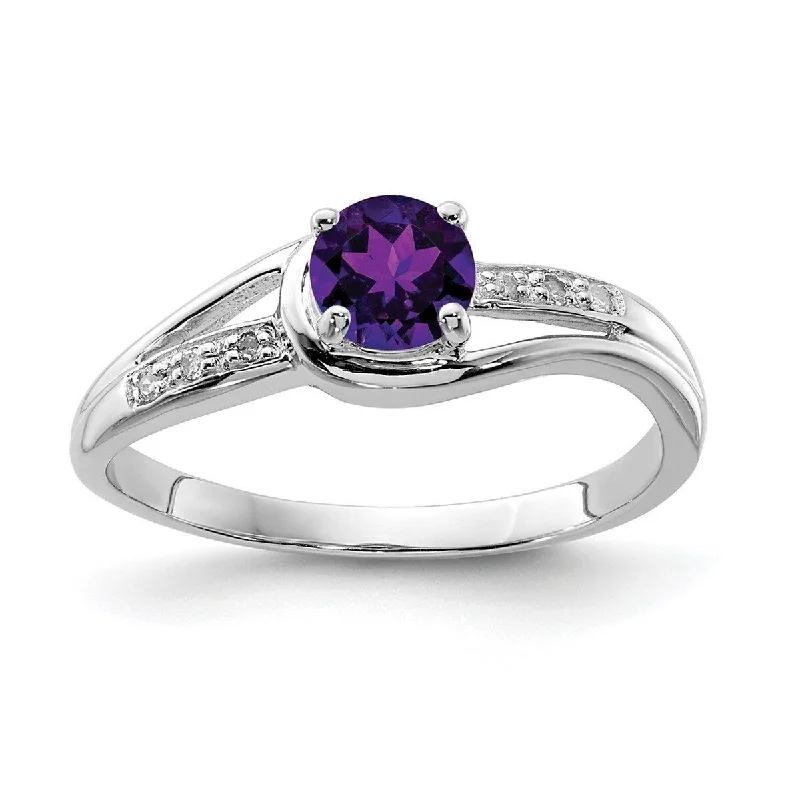 Curata 925 Sterling Silver Polished Prong set Open back Rhodium Plated Diamond and Amethyst Round Ring