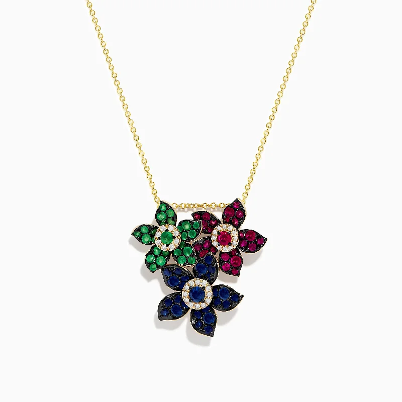 Nature 14K Yellow Gold Ruby, Sapphire, Emerald and Diamond Flower Pendant