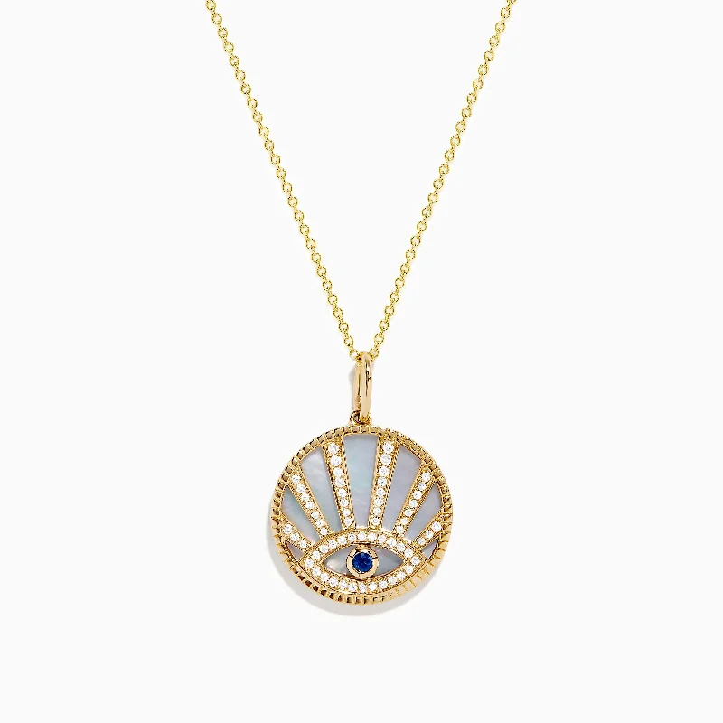 14K Yellow Gold Mother Of Pearl, Diamond and Sapphire Evil Eye Pendant