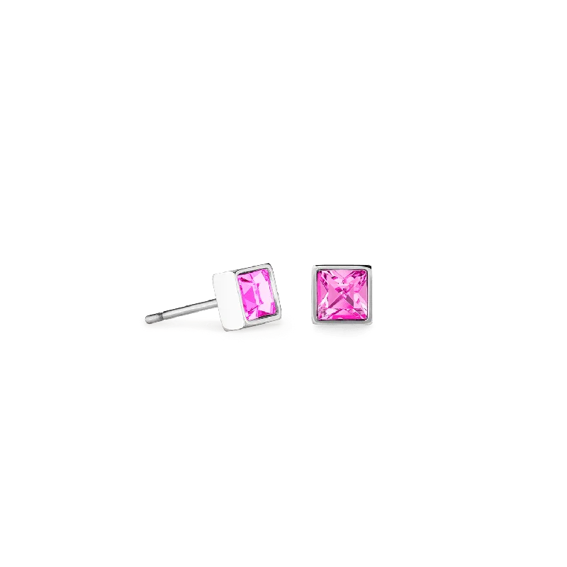 Coeur De Lion Brilliant Square Silver and Pink Crystal Stud Earrings