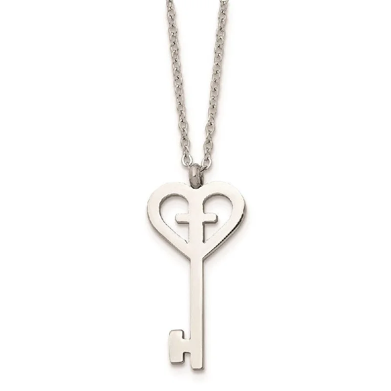 Stainless Steel Polished Key with Cross Necklace