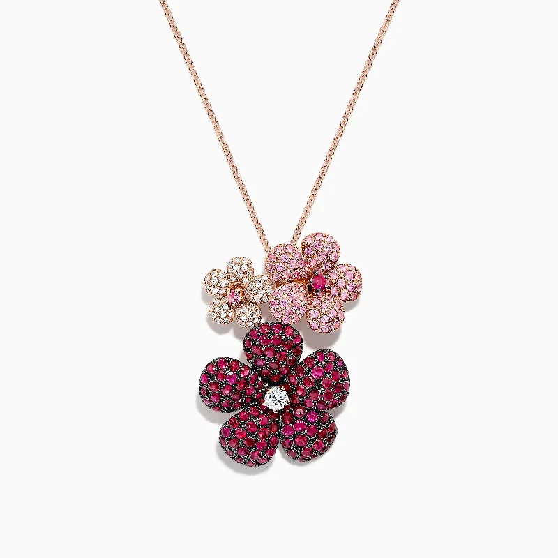 Nature 14K Gold Ruby, Sapphire and Diamond Flowers Pendant, 3.02 TCW