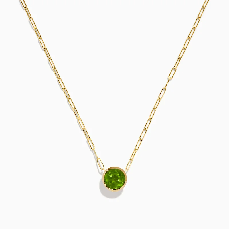 14K Yellow Gold Peridot Bezel Pendant with Paperclip Chain