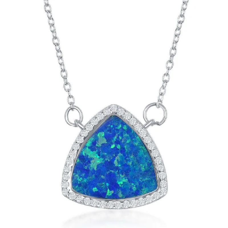 Sterling Silver Blue Inlay Opal Triangle with CZ Border Necklace