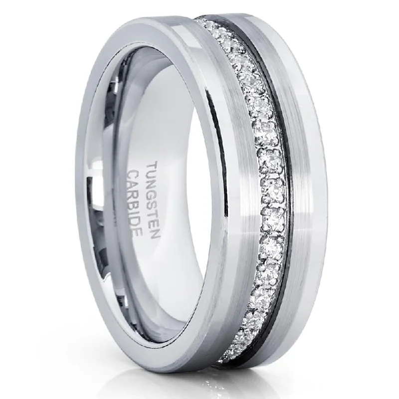 Silver Tungsten Wedding Ring 8Mm Comfort Fit Cz Inlay Scratch Resistant Sizes 715