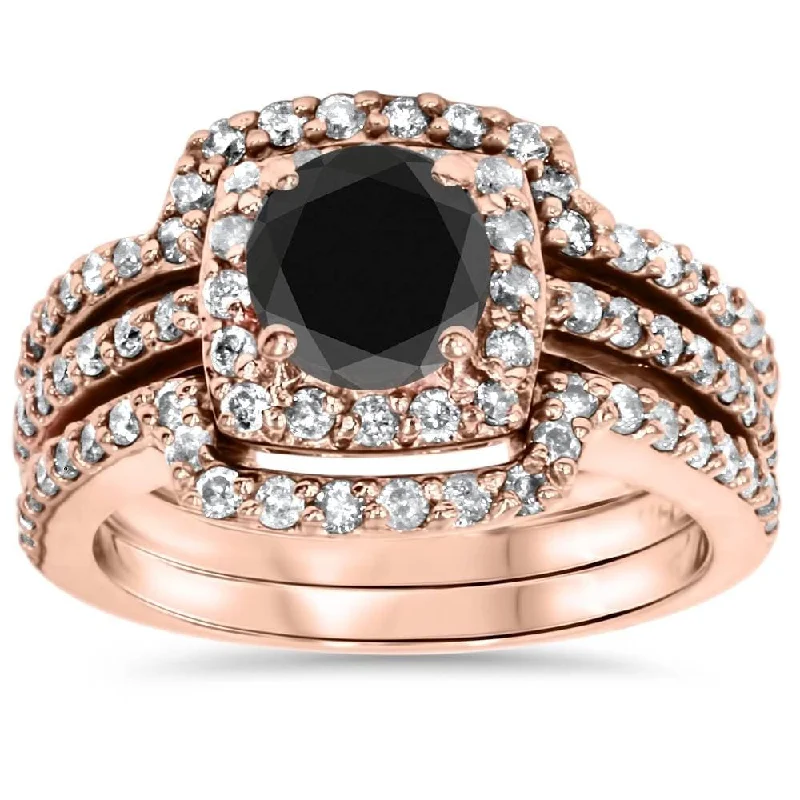 1 3/4ct Black Diamond Rose Gold Cushion Halo Ring Set