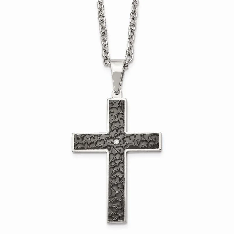 Stainless Steel Polished Black IP Textured CZ Cross Necklace