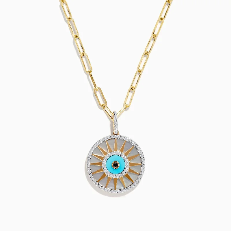 14K Yellow Gold Mother Of Pearl, Turquoise and Diamond Evil Eye Pendant