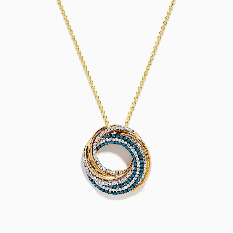 14K Yellow Gold Blue and White Diamond Circle Pendant