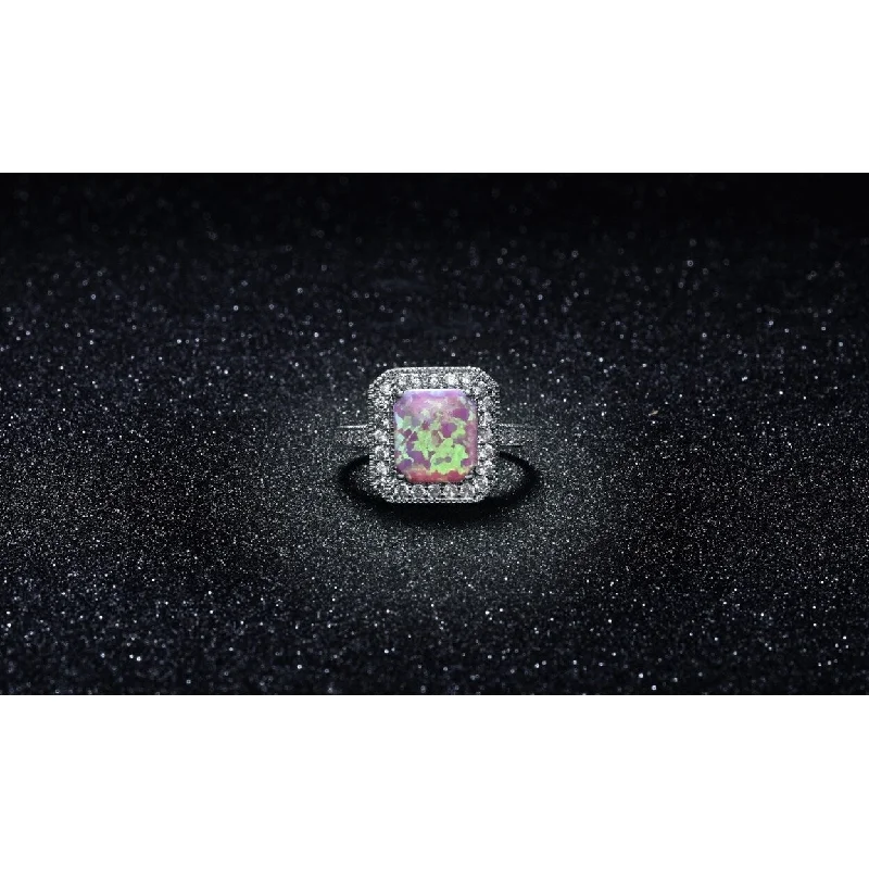 Pink Fire Opal Halo Ring 18K White Gold Plated Size 6 7 8 9 White Opal Cz