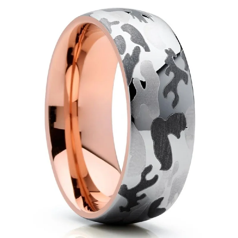 Camouflage Tungsten Carbide Ring 8Mm Rose Gold Comfort Fit Wedding Band