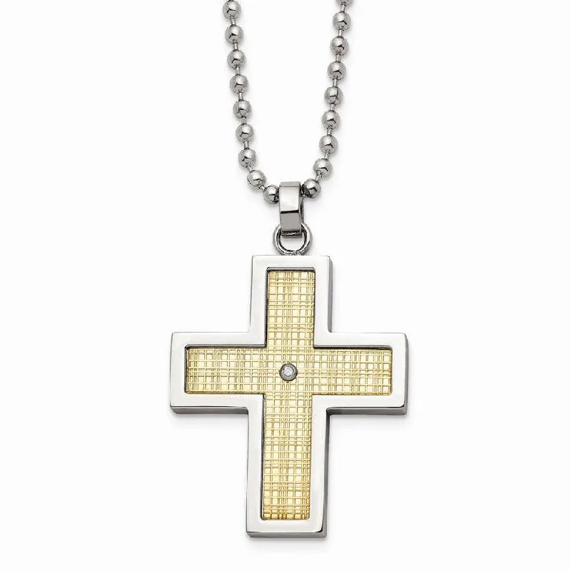 Stainless Steel w/18k Polished Textured Diamond Cross Necklace