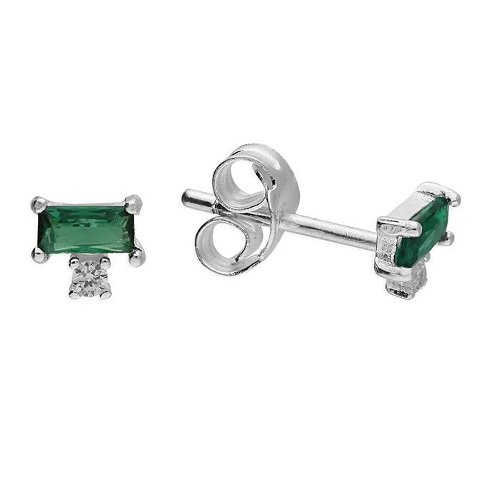 Silver Emerald and Cubic Zirconia Stud Earrings