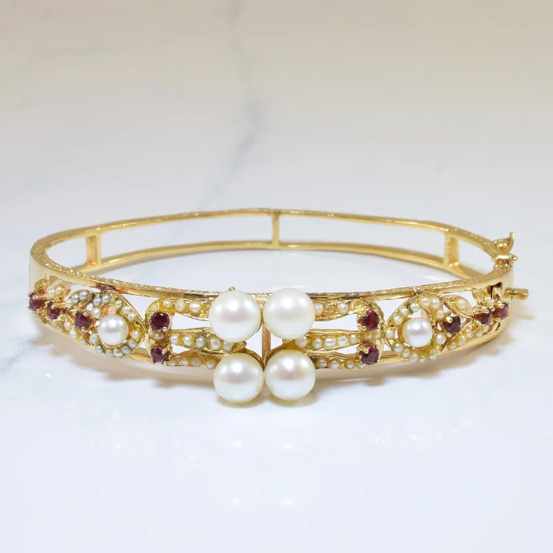 Mid Century Garnet & Seed Pearl Bracelet | 10.20ctw, 1.40ctw | 8" |