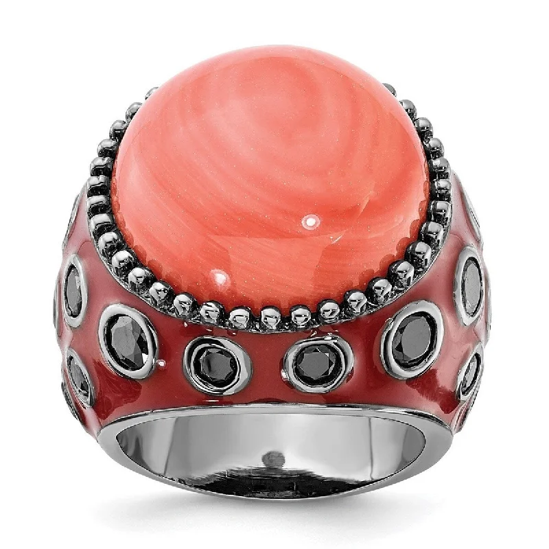 Curata Black Plated 925 Sterling Silver Enameled Red Simulated Coral and Cubic Zirconia Ring