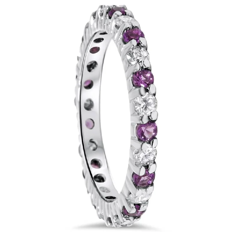 1 1/2ct Diamond & Amethyst Eternity Stackable Ring White Gold