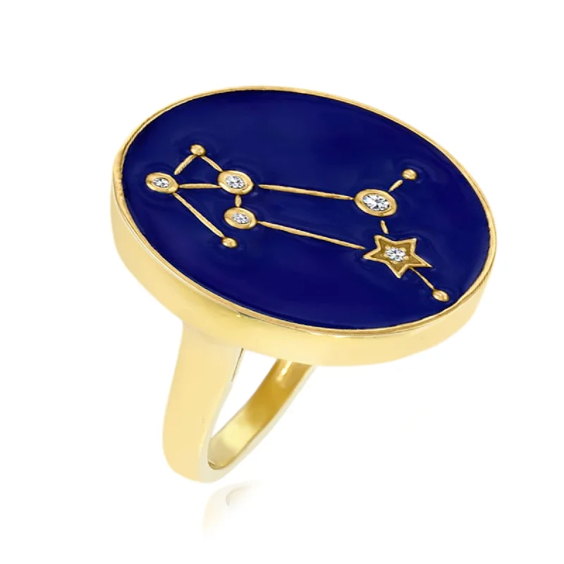 Sterling Silver Over Gold Plated White Zircon With Blue Enamel Aries Zodiac Signs Ring