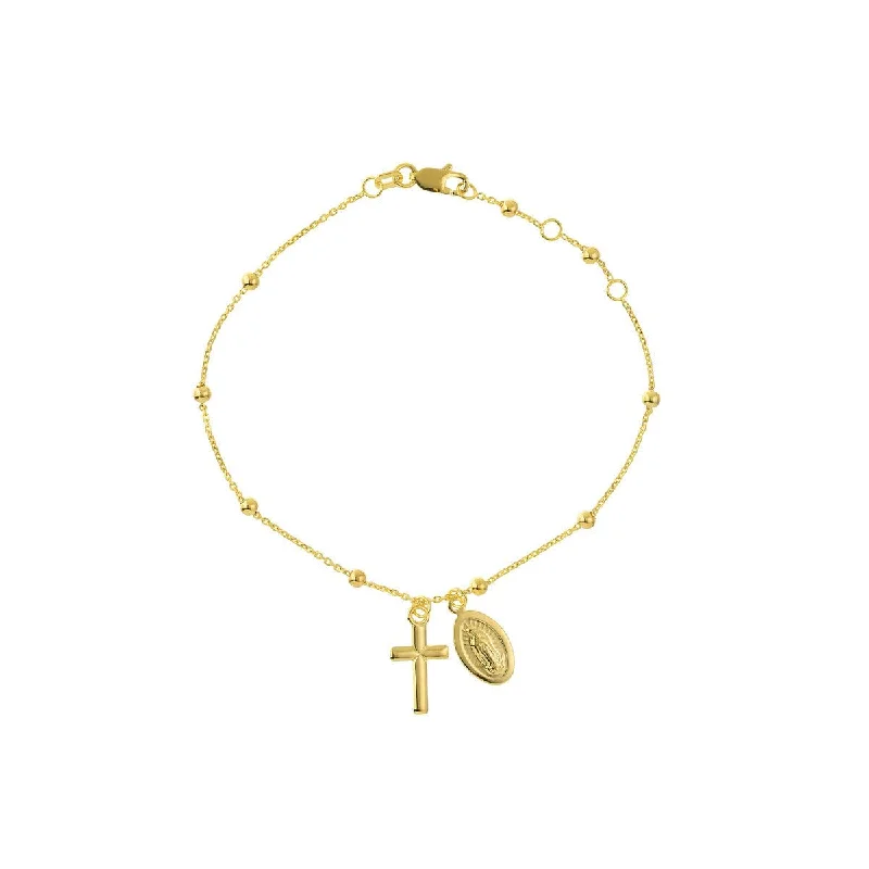 14K Yellow Gold Adjustable Virgin Mary & Cross Beaded Bracelet