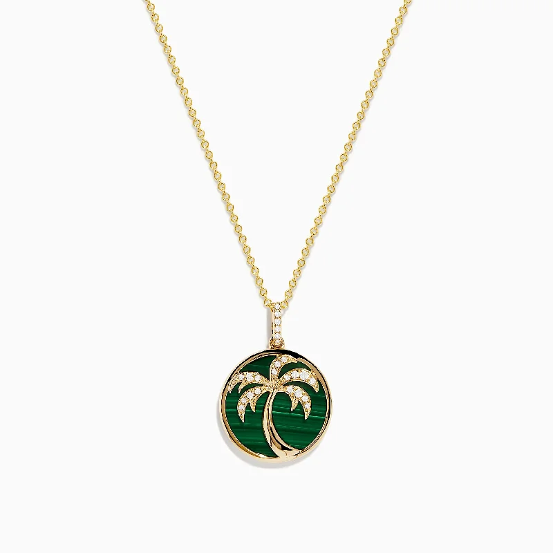 Novelty 14K Yellow Gold Malachite and Diamond Palm Tree Pendant