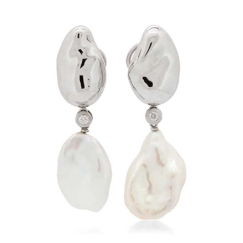 White Gold Nugget Earring with Baroque Freshwater Pearls