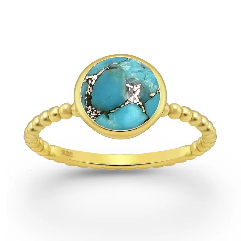 Sterling Silver 18kt Gold Plated Beaded Band & Turquoise Circular Ring