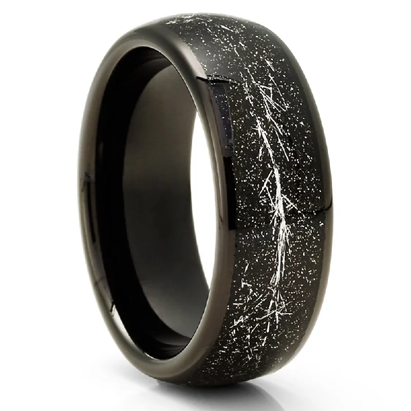 Meteorite Wedding Ring 8Mm Black Tungsten Carbide Band Comfort Fit Jewelry