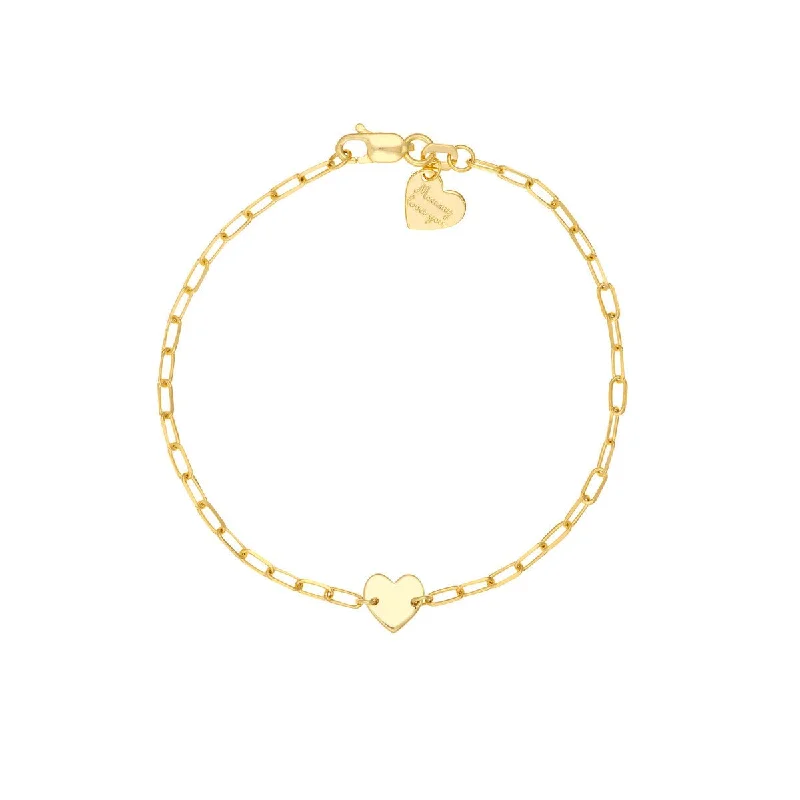 14K Yellow Gold Kid's Paper Clip Chain Bracelet with Heart