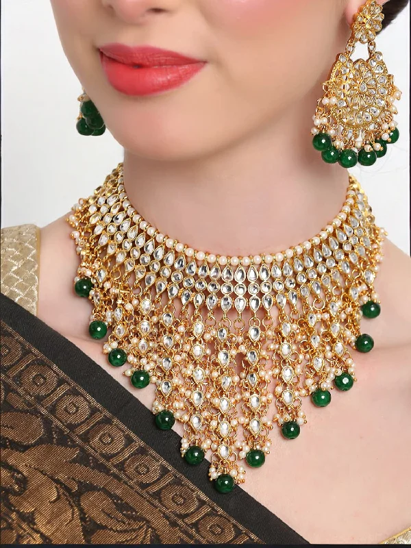 Green Gold Plated Necklace Kundan Jewellery Set, Pearl Necklace Chandbali set, Mangtika Set, Bridal Wedding Jewelry, Bollywood Jewelry set, Indian Earring Set, Pakistani Necklace Earring Mangtika Set