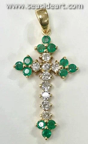 Lady's 18K Yellow Gold Natural Emerald and Diamond Cross Pendant