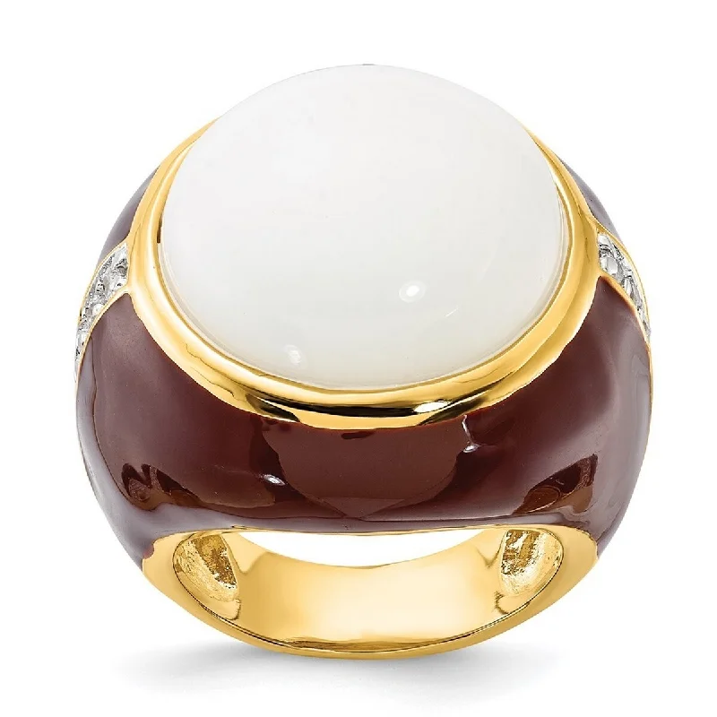 Curata Gold Plated 925 Sterling Silver Brn Enam Simulated Wht Agate and Cubic Zirconia Ring