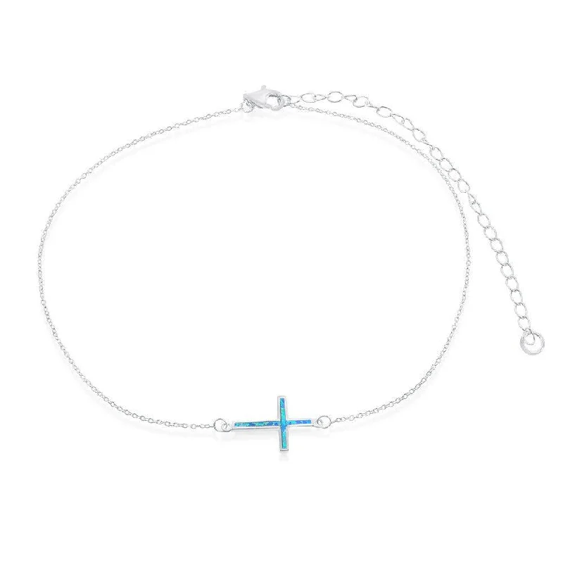 Sterling Silver Blue Inlay Opal Sideways Cross Choker Necklace