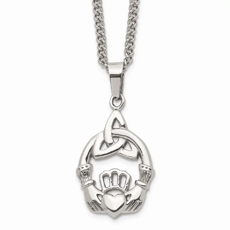 Stainless Steel Polished Trinity Knot and Claddagh Necklace