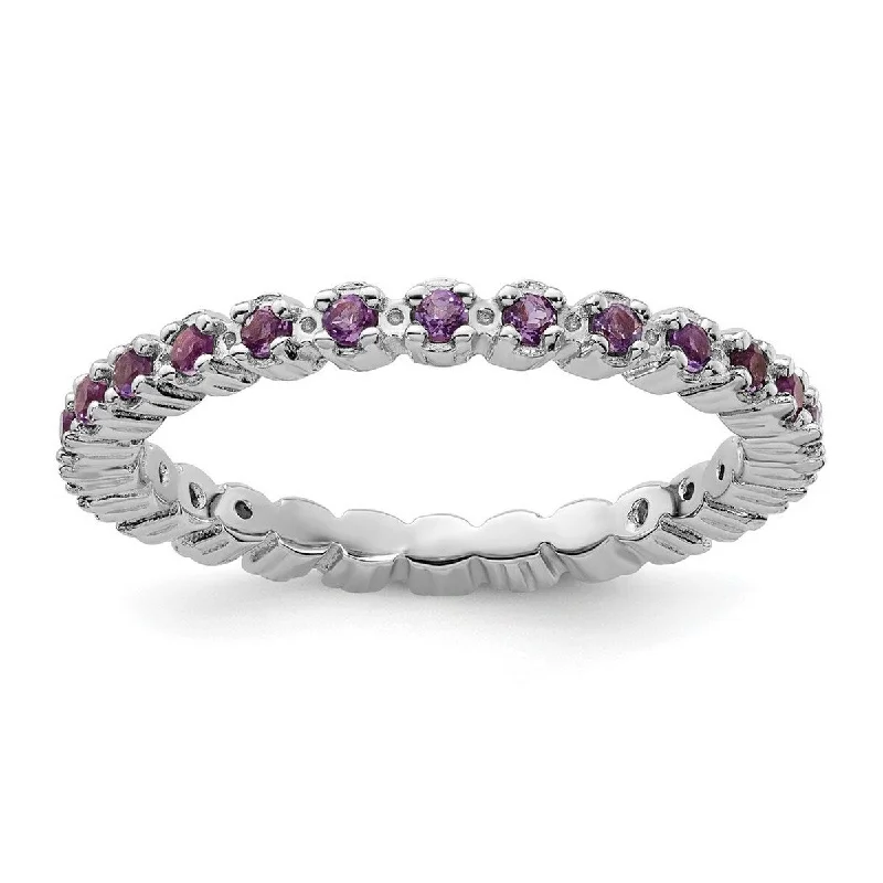 Curata 925 Sterling Silver Polished Prong set Patterned Stackable Expressions Amethyst Ring