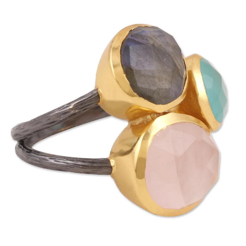 Novica Handmade Sparkling Blossoms In Gold Multi-Stone Cocktail Ring