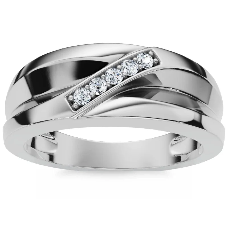 Mens High Polished White Gold Diamond Anniversary Ring