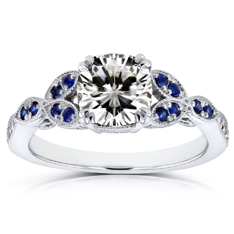 Annello by Kobelli 14k White Gold 1 1/3 Carats TGW Moissanite with Diamond and Sapphire Accents Ring