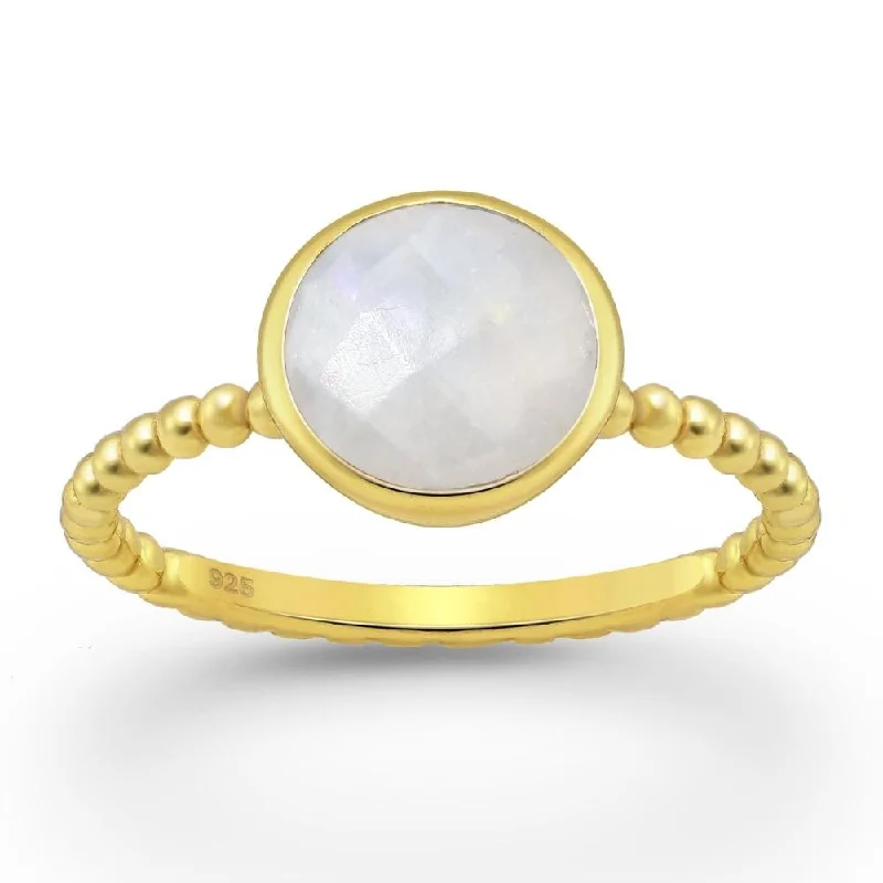 Sterling Silver 18kt Gold Plated Beaded Band & Circular Rainbow Moonstone Ring