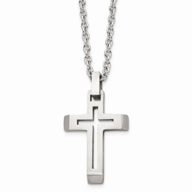 Stainless Steel Polished and Brushed Cut-out Cross Necklace