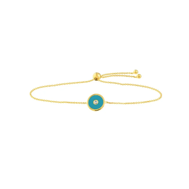 14K Yellow Gold Blue Enamel Round Evil Eye Bolo Bracelet