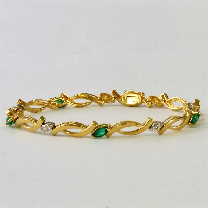 Marquise Cut Emerald & Diamond Chain Bracelet | 1.00ctw, 0.20ctw | 7" |