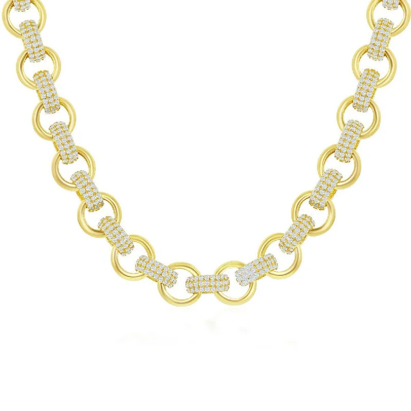 Classic Women's Necklace - Gold Plated Sterling Silver Micro Pave CZ Linked |M-6827-GP