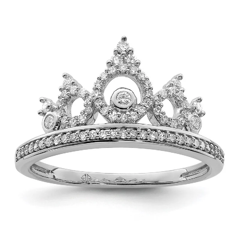 Curata 925 Sterling Silver Polished Prong set Open back Rhodium Plated Diamond Crown Ring